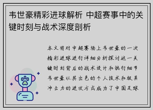 韦世豪精彩进球解析 中超赛事中的关键时刻与战术深度剖析