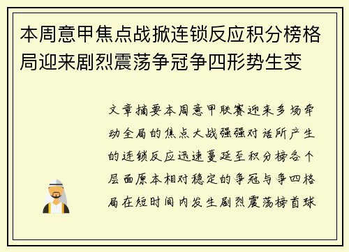 本周意甲焦点战掀连锁反应积分榜格局迎来剧烈震荡争冠争四形势生变 本周意甲焦点战掀连锁反应积分榜格局迎来剧烈震荡争冠争四形势生变